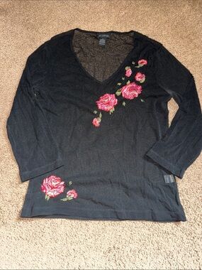 The Limited Mesh Black V-Neck Long Sleeve Top with Pink Rose Embroidery